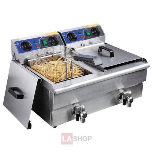 20l dual tank stainless steel electric deep fryer w/ drain 1340 for sale