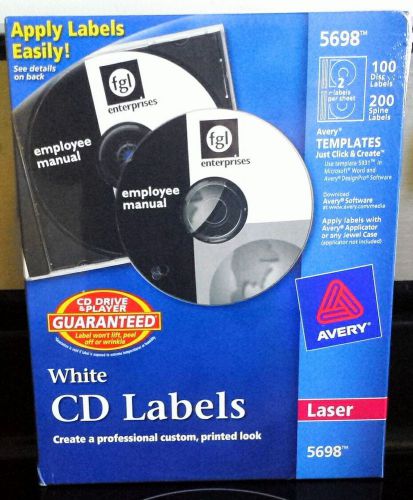 New Avery White CD Labels Laser 5698 100 Disc Labels and 200 Spine Labels