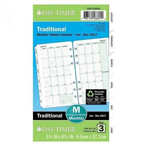 Day-Timer Monthly Refill 2017, Loose Leaf, 3-3/4 x 6-3/4&#034;, Size 3, Traditional (