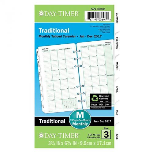 Day-Timer Monthly Refill 2017, Loose Leaf, 3-3/4 x 6-3/4&#034;, Size 3, Traditional (