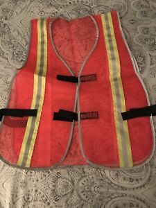 Neon Orange Mesh Safety Vest / Reflective Strips One Size Fits All Adjust Velvro