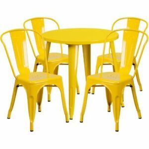 30&#039;&#039; Round Yellow Metal Indoor-Outdoor Table Set with 4 Cafe Chairs