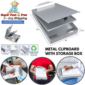 Top Hinge Opening Metal Clipboard Office Binder Form Holder With Storage Box NEW