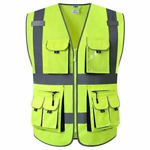 10 Pockets Class 2 High Visibility Zipper Front Safety Vest X-Large Yellow