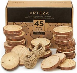 Arteza Wood Slices (45 Pieces) with Bark Natural Unfinished Pine 2.4&#034;-2.8&#034;...
