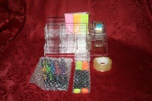 NEW ACRYLIC Clear Desk Top ORGANIZER w Accessories TAPE &amp; PENS &amp; Sticky NOTES ++