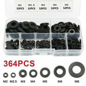 364x Black Nylon Flat Washer W/ Box Ring Gasket For Metric M2-M8 Bolt Screw Kit