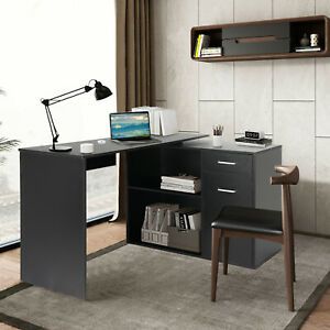 180° Rotating Corner Computer Desk L-Shaped Table Storage Shelf Drawer
