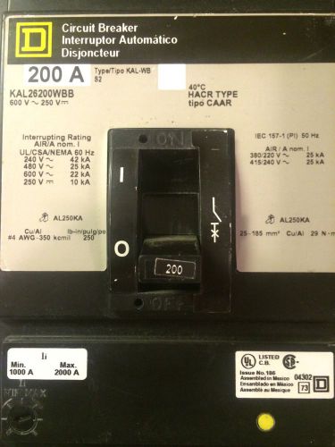 Square d kal26200wbb 200a circuit breaker 2-pole kal26200-wbb 200 amp for sale