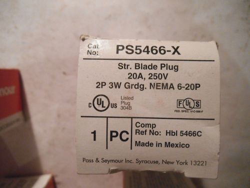 PASS &amp; SEYMOUR PS5466-X STRAIGHT BLADE PLUG 20A 250V 2P 3W -  NEW