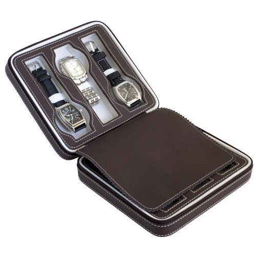 Brown soft touch high quality leatherette compact travel watch case with suede i for sale