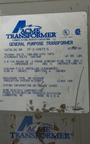 Acme Transformer, Distribution Transformer, 3kVA (TF-2-49873-S) NEMA 3R