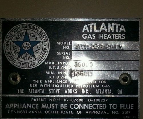 Atlanta gas heater; avc-36b-sptm; 35000 b.t.u./hr max; 175000 min./ hr; used for sale