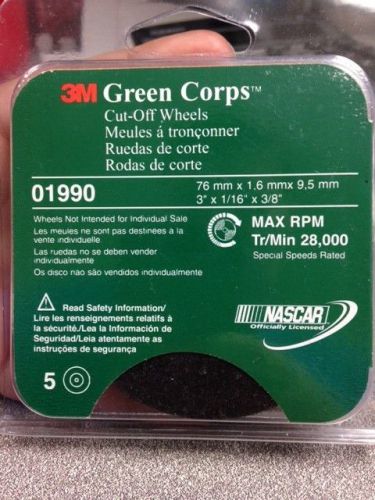 3M Green Corps Cut Off Wheel 01990  3&#034; x 1/6&#034; x 3/8&#034;  NEW  5 pack