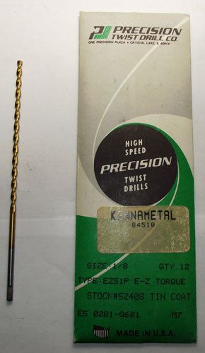 12PC 1/8&#034; PRECISION TWIST TAPER LENGTH TIN COATED DRILL
