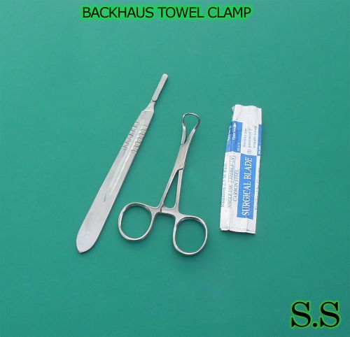 BACKHAUS TOWEL CLAMP 3.5&#034;+SCALPEL HANDLE #4+5 SURGICAL BLAD ES #24