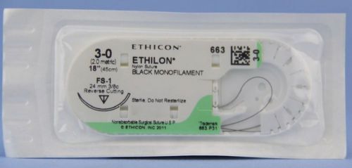 (lotof12) # 663g nylon sutures black 3-0 18&#034; fs-1 24mm 3/8c reverse cutting (x) for sale