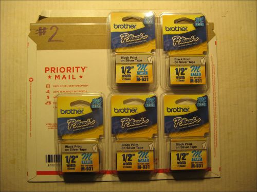 (5) Brother P-touch M-931 Tape Black Print on Silver New FREE USPS Priority Mail