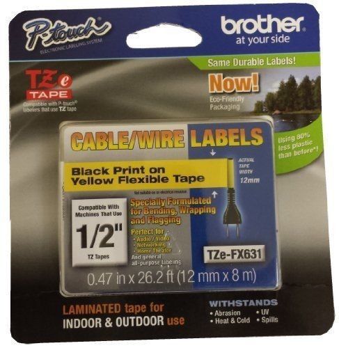 Brother TZe-FX631 Tape 1/2 Inch Black Print On Yellow Flexible Tape PTouch NEW