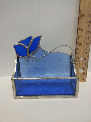 Cobalt Blue Stained Glass Business Card Holder - Rose / Flower - Handmade