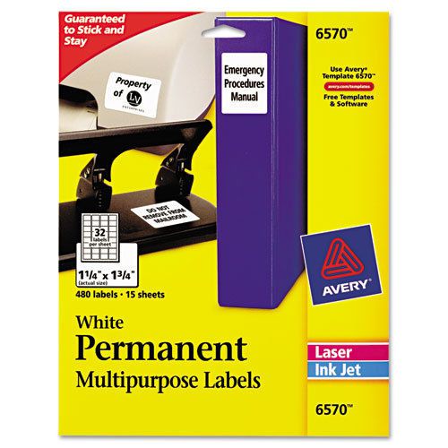 Permanent ID Labels, Laser/Inkjet, 1-1/4 x 1-3/4, White, 480/Pack
