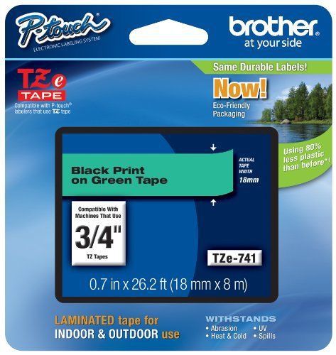Brother tze741 black on green label tape - 0.70&#034; width x 26.20 ft length - 1 for sale