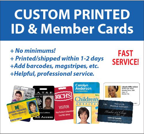 Plastic id cards, employee cards, membership cards - custom printed, no minimum for sale