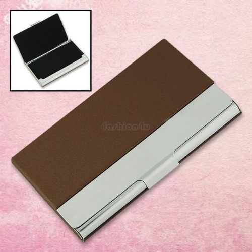 brown faux leather coated metal frame credit name business card box case holder