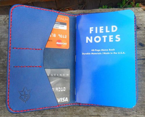 Handmade leather case cover for field notes card holder vegetable tanned blue for sale