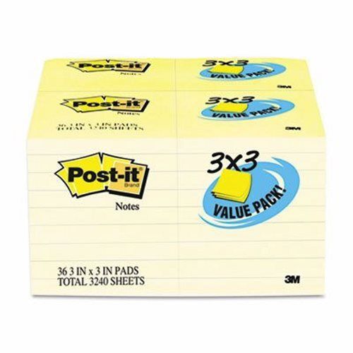 Post-it Note Pad, 3 x 3, Canary, 100 Sheets, 36/Pack (MMM65436VAD90)