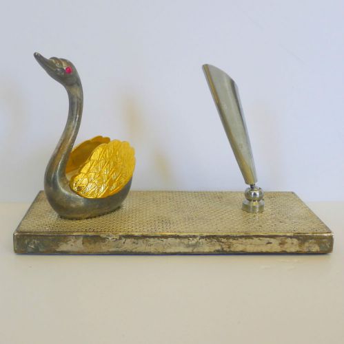 Vintage Metal Swan Business Card and Pen Holder Desk Accessory w/ Crystal Eyes