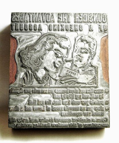 &#034;consider the advantages of a checking account&#034; circa 1950&#039;s  printers block for sale