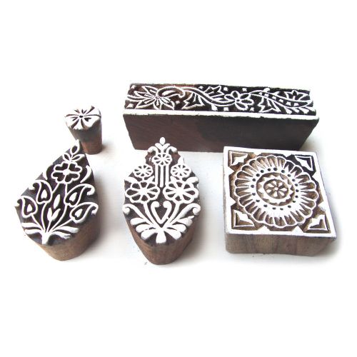 Floral Designs Hand Carved Block Printing Wooden Tags from India (Set of 5)