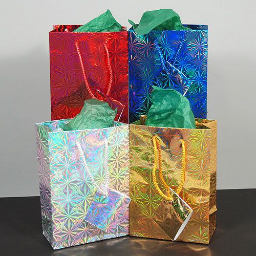12 PC FANCY HOLOGRAM SHOPPING GIFT BAG ROPE HANDLE JEWELRY PERFUME XMAS PRESENTS