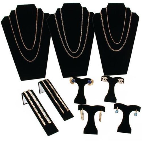 Black flocked necklace earring jewelry displays 9pc set for sale