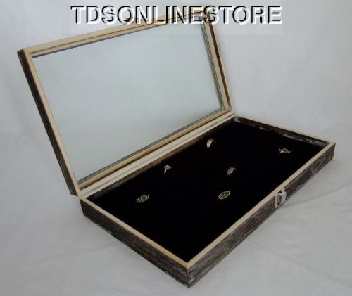 Rustic Antique Coffee Color 72 Ring Glass Top Display Case Black Insert