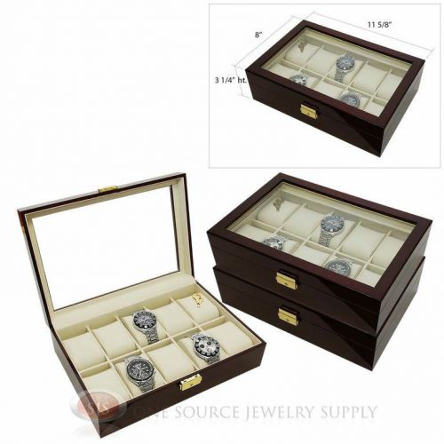 (3) 10 Watch Glass Top Rosewood Cases with Beige Faux Leather Lining Displays