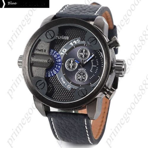 2 Time Zone Big Dial Quartz Analog Leather Men&#039;s Wristwatch Free Shipping Blue