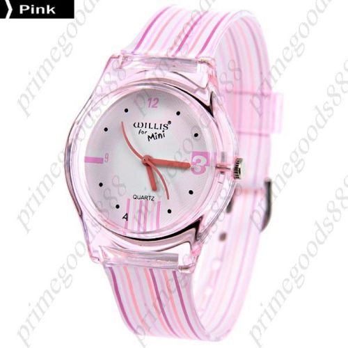 Round Stripes Rubber Band Lady Ladies Wrist Quartz Wristwatch Women&#039;s Pink