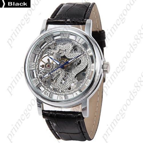 Chinese dragon pu leather strap mechanical wrist men&#039;s wristwatch silver black for sale