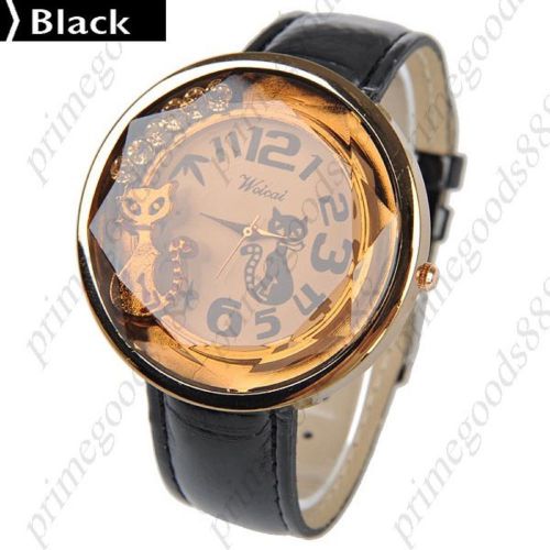 Cat Cats Round Rhinestone Gold Face Quartz Wrist Wristwatch Women&#039;s Black