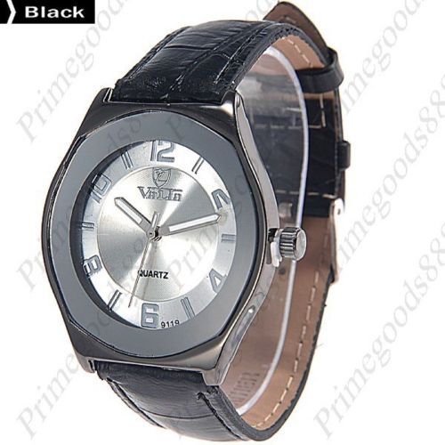 Genuine Leather Round Case Men&#039;s Wrist Quartz Wristwatch in Black Siver Face