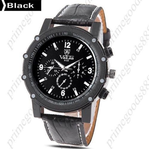 PU Leather 3 False Sub Dials Quartz Wrist Men&#039;s Wristwatch Black