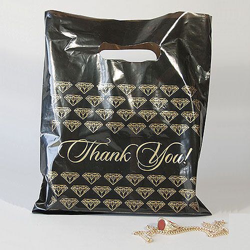 NEW 100 PLASTIC BLACK JEWELRY THANK YOU GOLD DIAMOND DIECUT GIFT SHOPPING BAG