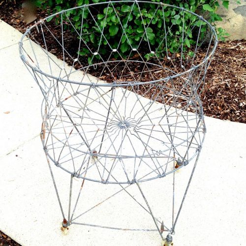 Vtg industrial wire collapsible laundry garden utility jim beam basket w wheels for sale