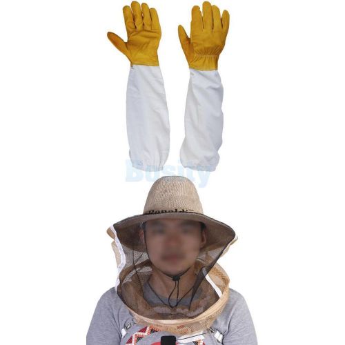 Beekeeping Long Gloves +Cowboy Hat Mosquito Bug Bee Mesh Net Head Face Protector