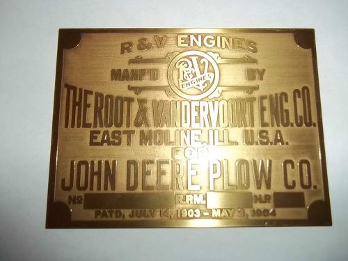 Root &amp; Vandervoort East Moline Illinois For John Deere Plow Co Engine Nameplate