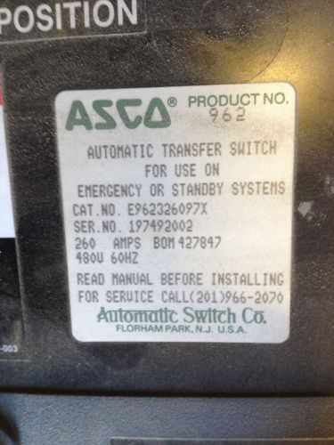 962 Asco Transfer Switch 260A 480V