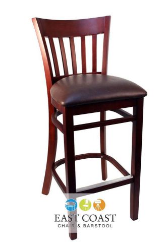 New Gladiator Mahogany Vertical Back Wooden Bar Stool with Brown Vinyl Seat