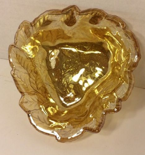Vtg Carnival Glass Triangle Bowl Dish Iridescent Candy Yellow Raspberry Design